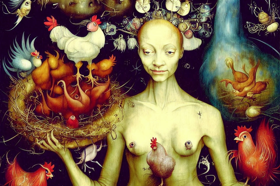 Surreal painting of humanoid figure with bird-like features and nest in fantastical scene