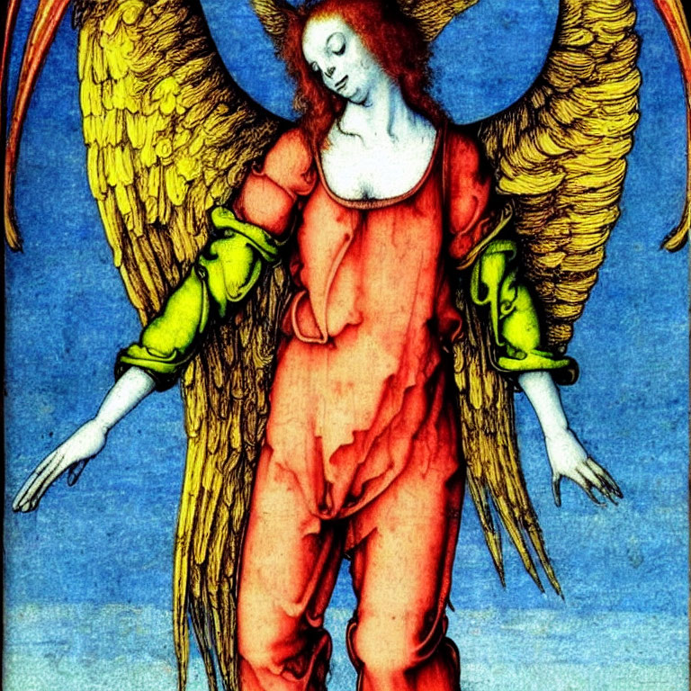 Angel illustration: orange robe, golden wings, serene expression, blue background