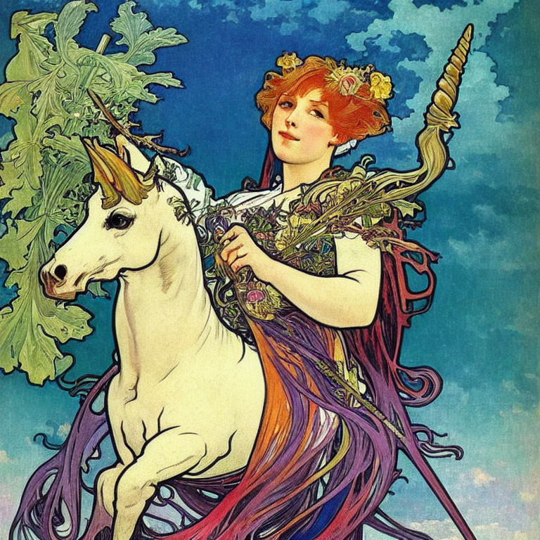 Woman riding majestic unicorn in vibrant dress on blue background