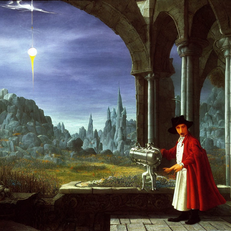 Historical figure with glowing orb at table in surreal landscape