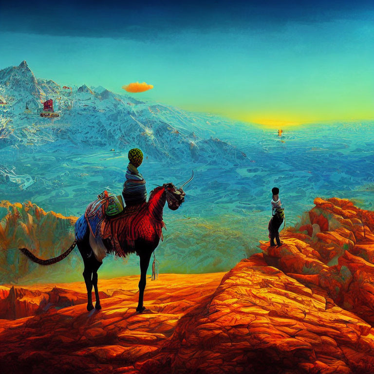 Person standing on rocky outcrop admiring mountains, another riding striped creature under orange sky
