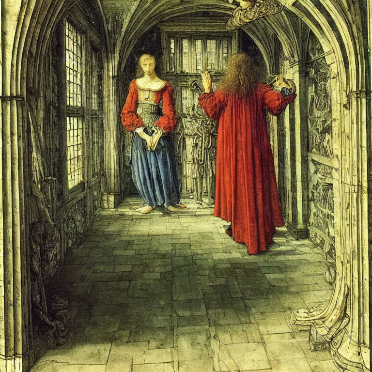 Medieval-style illustration of man and woman in red and blue attire in stone corridor with gothic arch