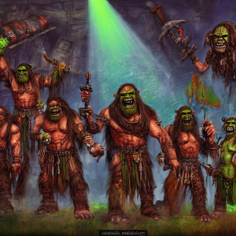 Five menacing animated orcs with weapons under green light