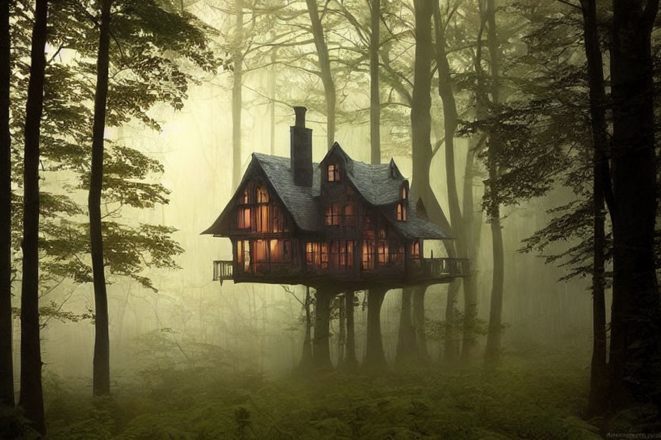 Cozy house in misty forest with glowing windows