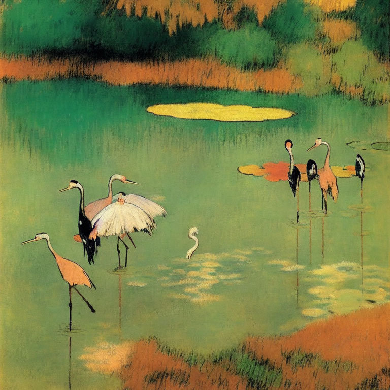 Tranquil pond scene with cranes, lush greenery, and yellow lily pad