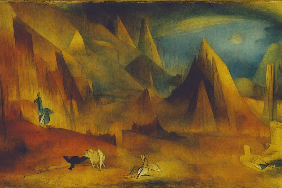 Surreal yellow-orange landscape with sharp mountains and unique figures