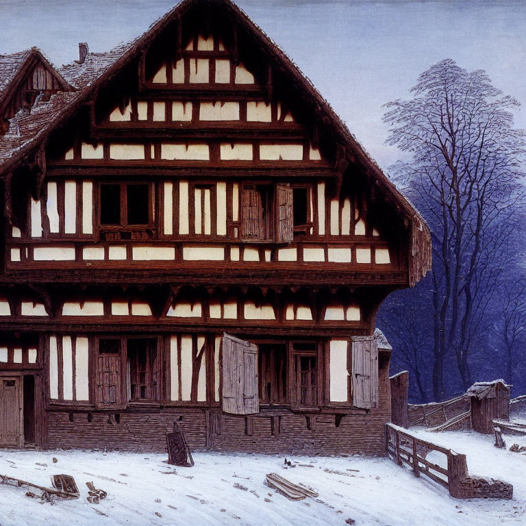 Snow-covered roof on traditional half-timbered house with bare trees and wooden fence