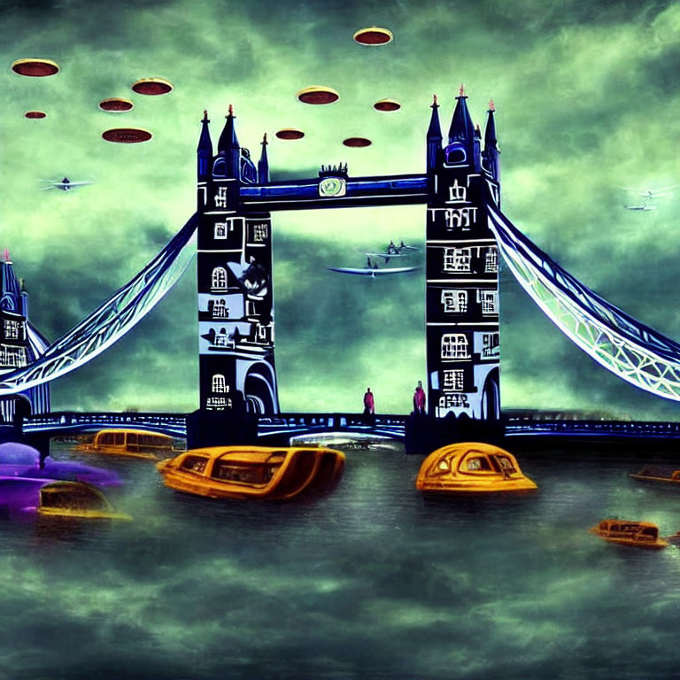 Surreal digital art: Tower Bridge with UFOs in stormy sky