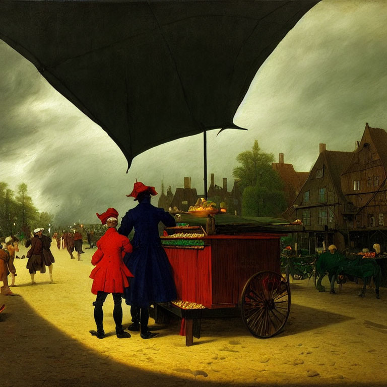 Colorful street scene with person in blue and child in red under umbrella, observing fruit cart in bustling