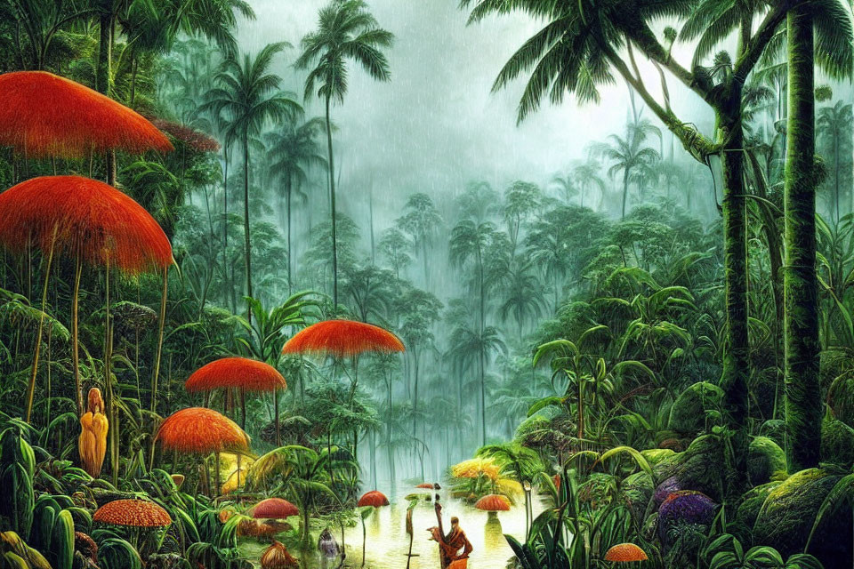 Fantastical jungle scene with oversized mushrooms and serene river