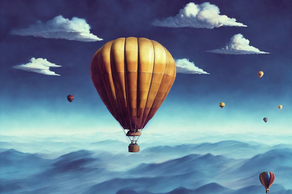 Multiple hot air balloons float above clouds in serene sky