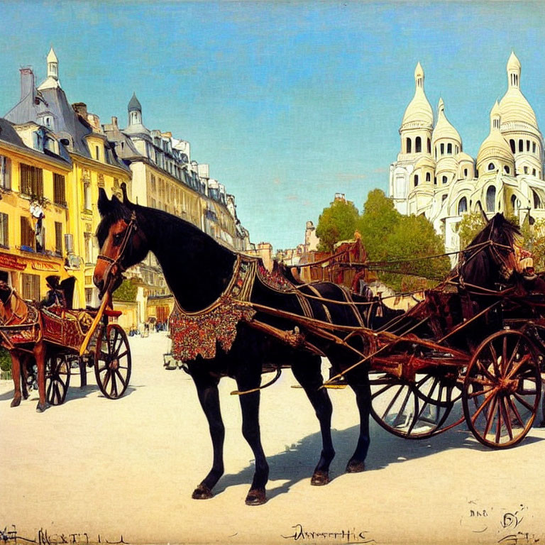 City street painting with horse-drawn carriage and Sacré-Cœur Basilica domes