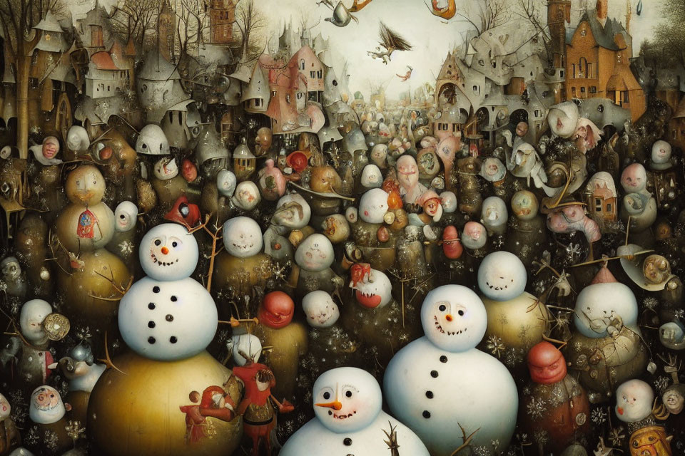 Whimsical snowmen and flying fish in surreal town scene