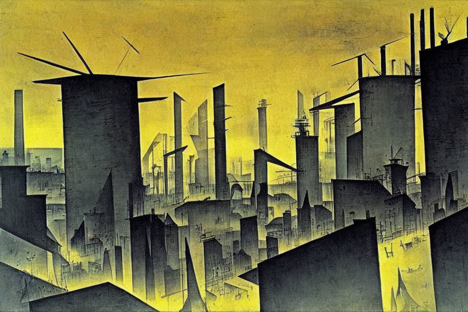 Exaggerated industrial cityscape in dark silhouette against yellow sky