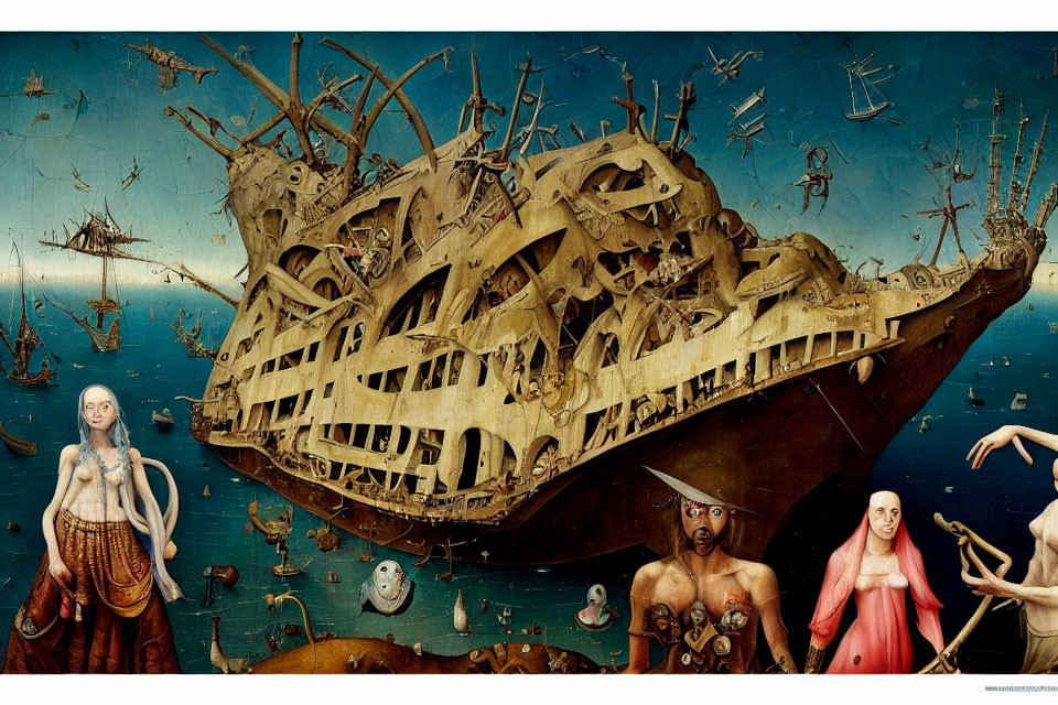 Surreal painting of dilapidated ship and ghostly figures in ocean