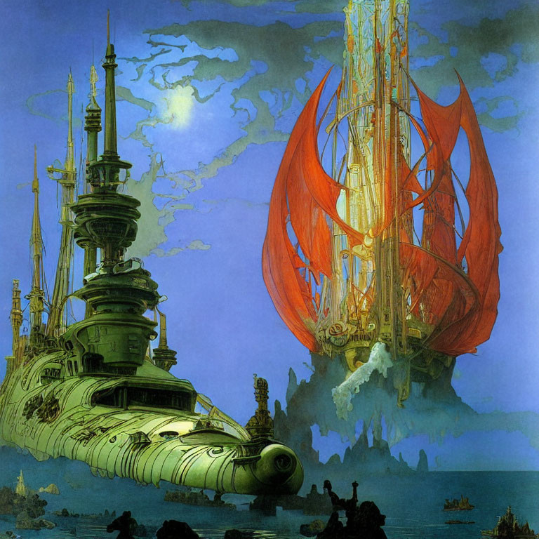 Futuristic cityscape with intricate towers and red spaceship above clouds