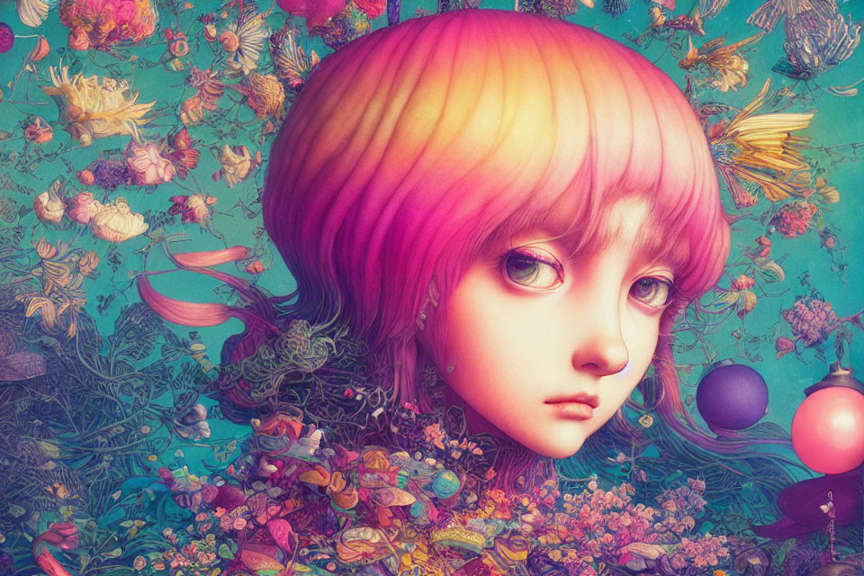 Colorful girl with rainbow hair in surreal floral setting