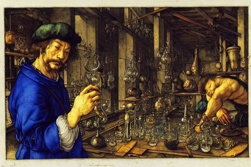 Man in blue robe and green beret in cluttered alchemist's workshop.