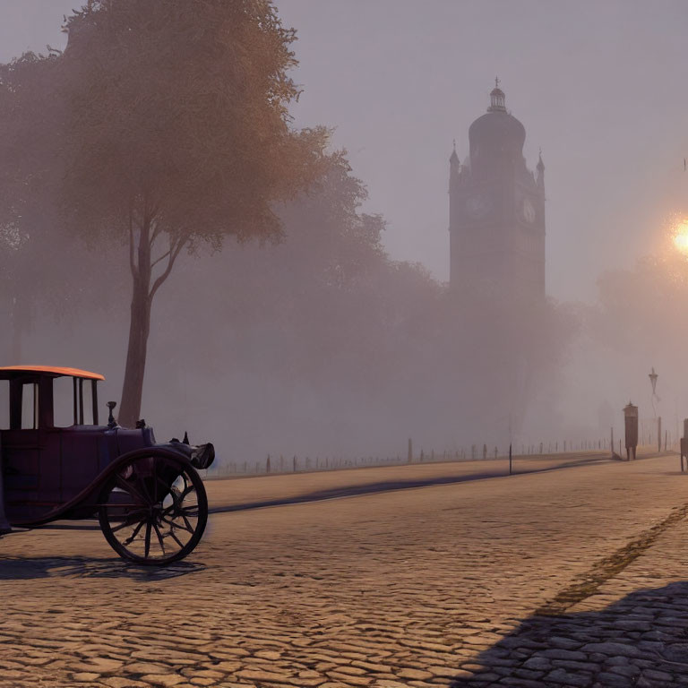 Vintage Car on Cobblestone Street at Twilight with Clock Tower in Fog