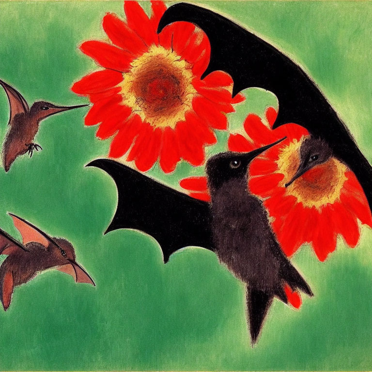 Detailed Drawing: Three Hummingbirds and Red Flowers in Green Background