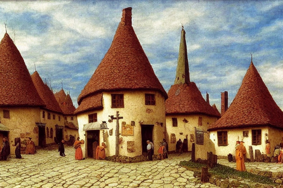 Medieval village scene with people in period attire and conical-roofed stone houses.
