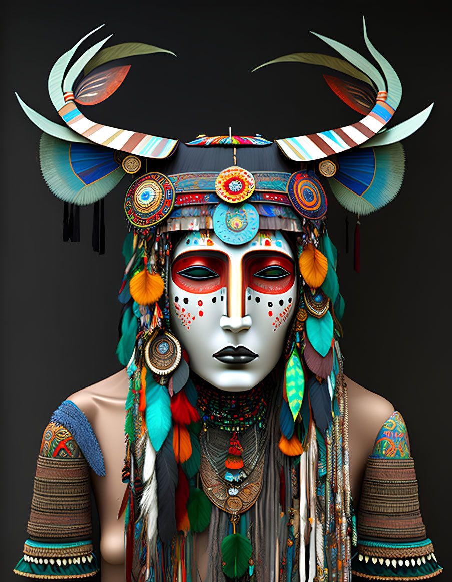 Elaborate tribal-inspired costume with feathers, horns, face paint, and jewelry