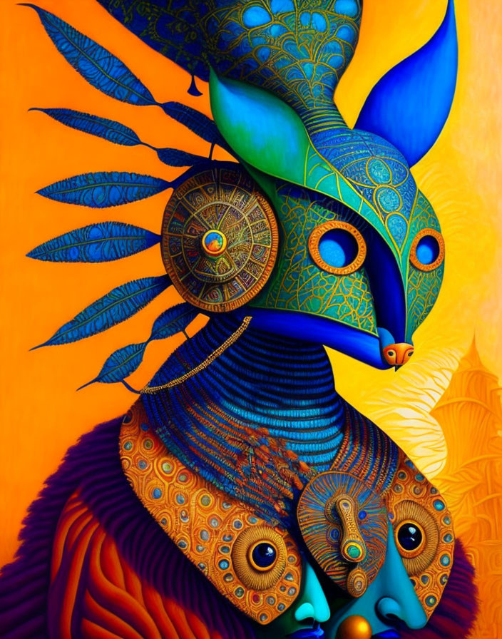 Vibrant creature with bird-like head and intricate patterns on warm orange backdrop