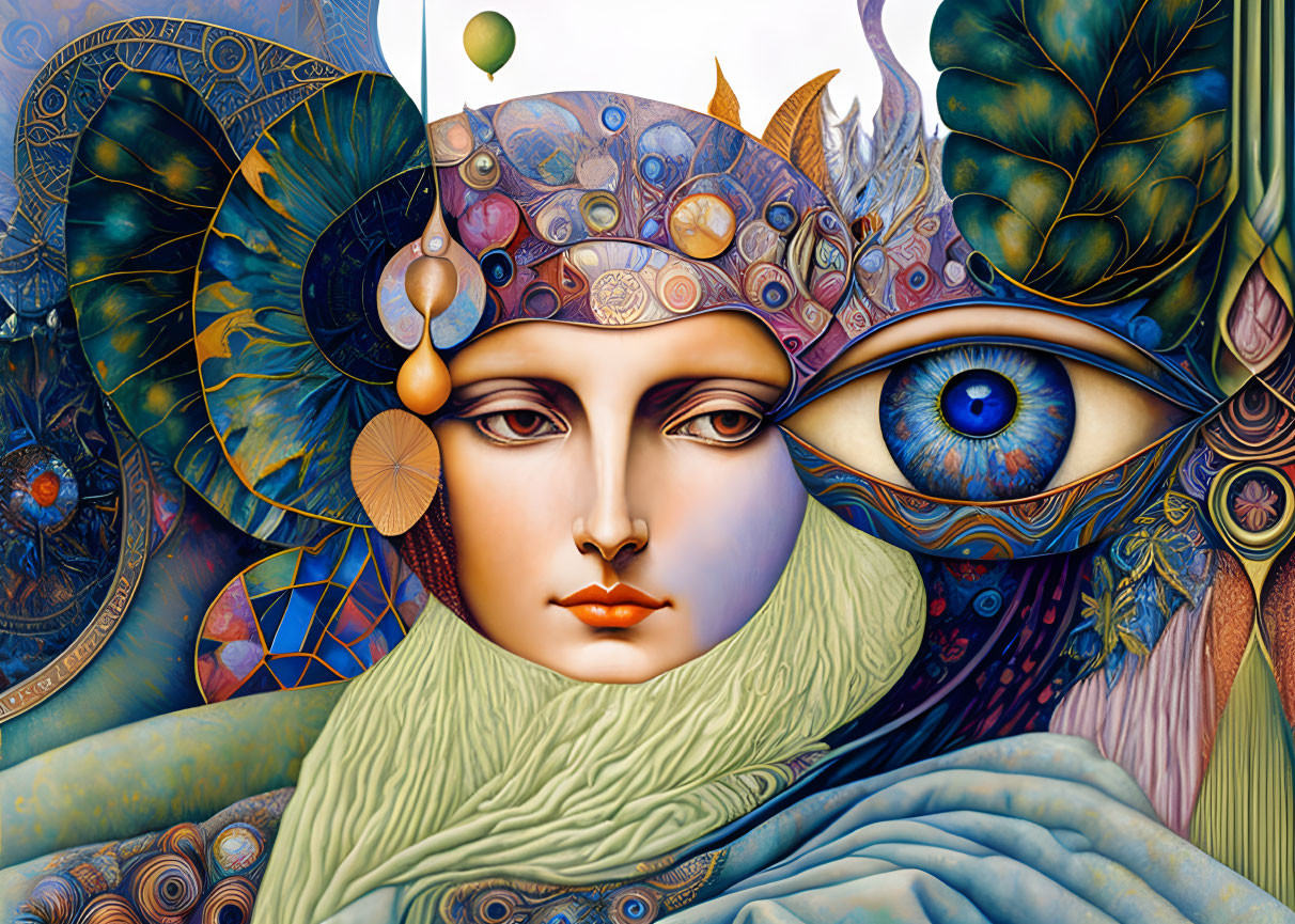 Surrealist illustration of ornate face with celestial motifs
