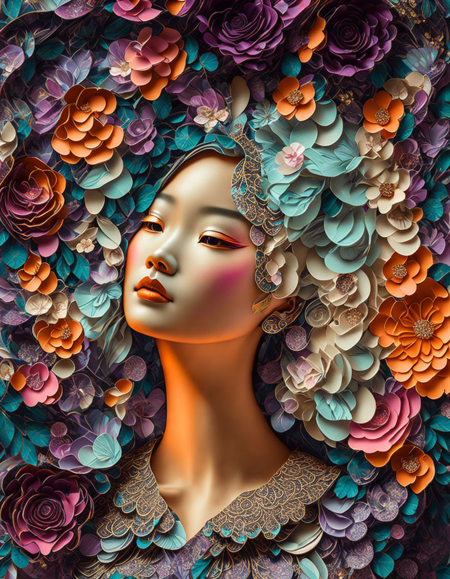 Colorful digital artwork of woman's face in flower tapestry