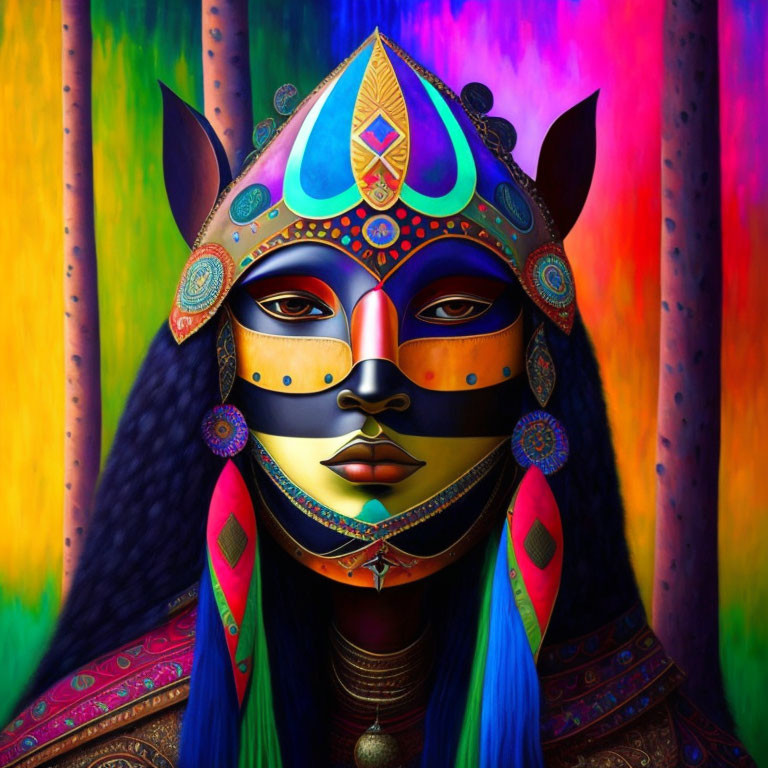 Vibrant mask-like face art with intricate patterns on rainbow background
