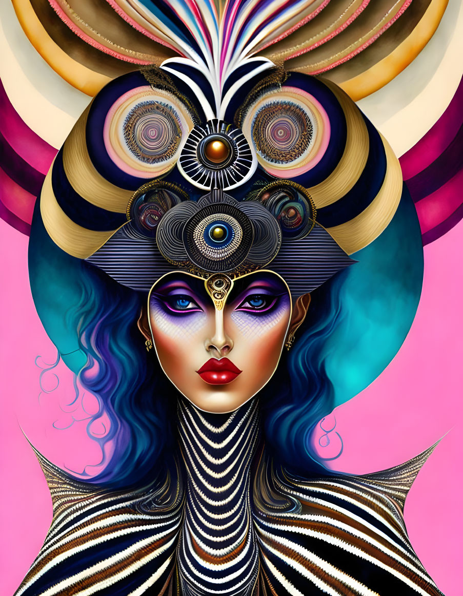 Colorful digital art of woman with intricate headgear and multiple eyes on pastel backdrop