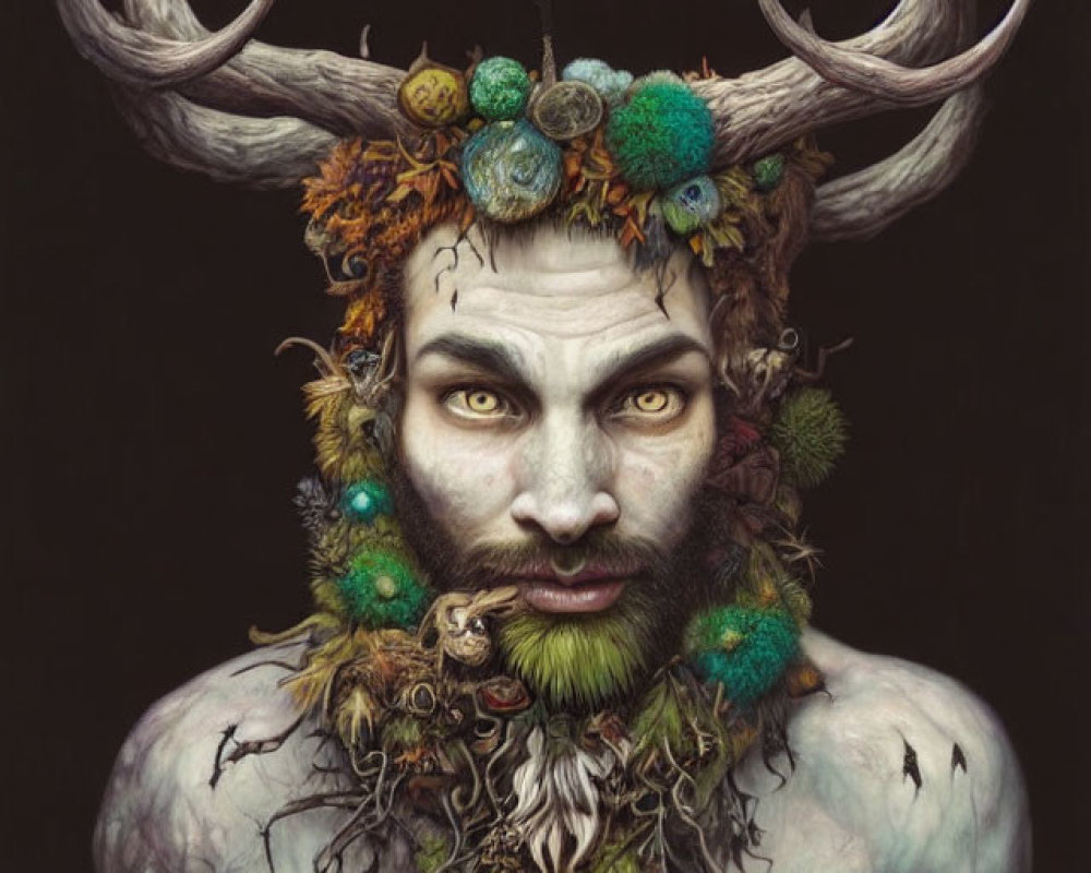 Person with Antlers and Nature-Inspired Makeup: Mystical and Pagan Aesthetic