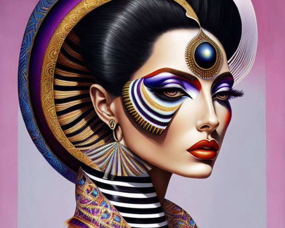 Colorful Geometric Makeup Portrait with Ornate Headdress