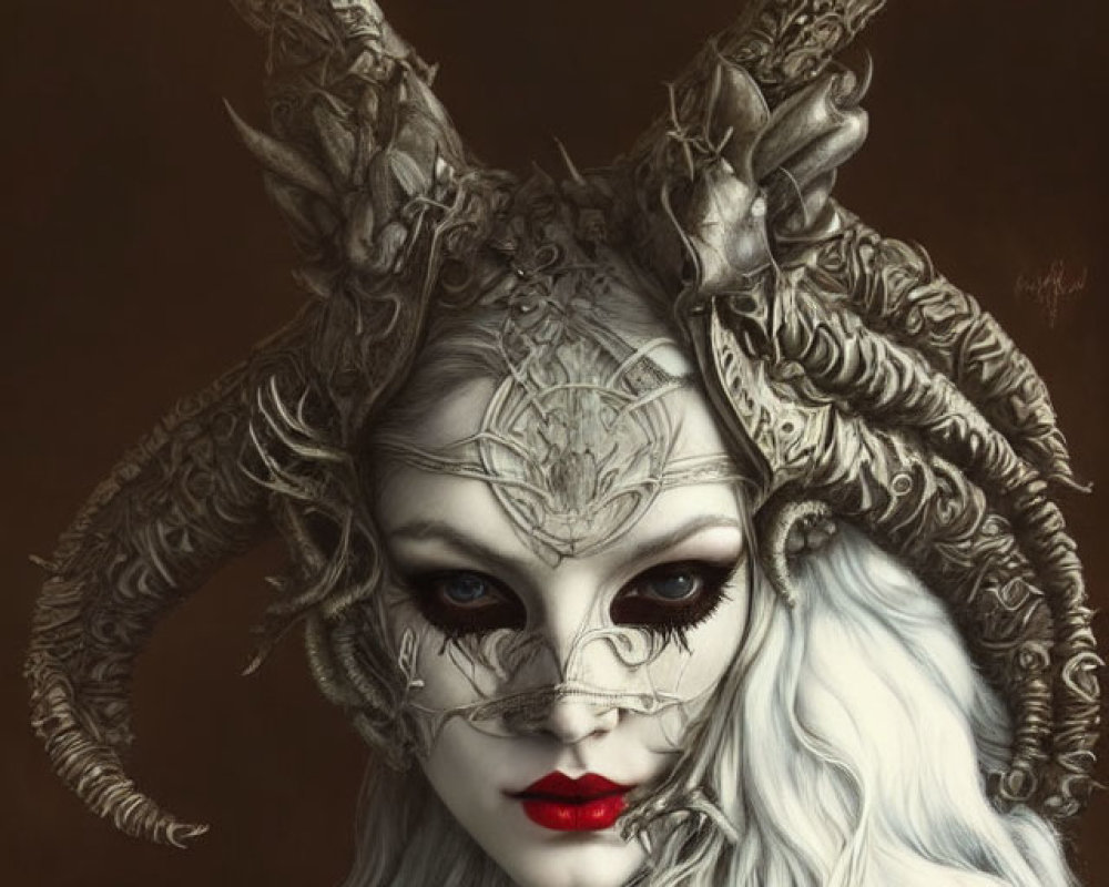 Woman with pale skin, dark ram horns, white hair, red lips, and intricate facial markings.