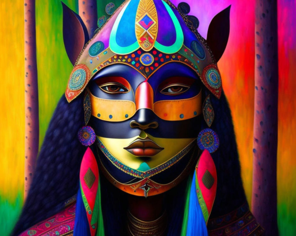 Vibrant mask-like face art with intricate patterns on rainbow background