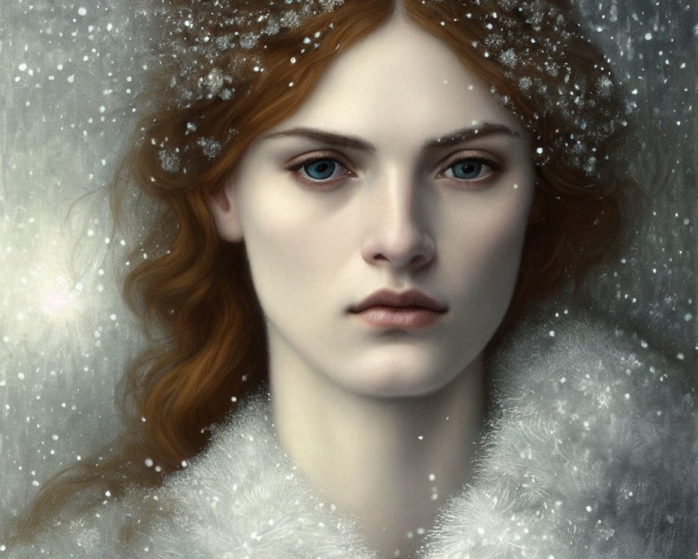 Portrait of Woman with Red Hair and Blue Eyes in Snowy Setting
