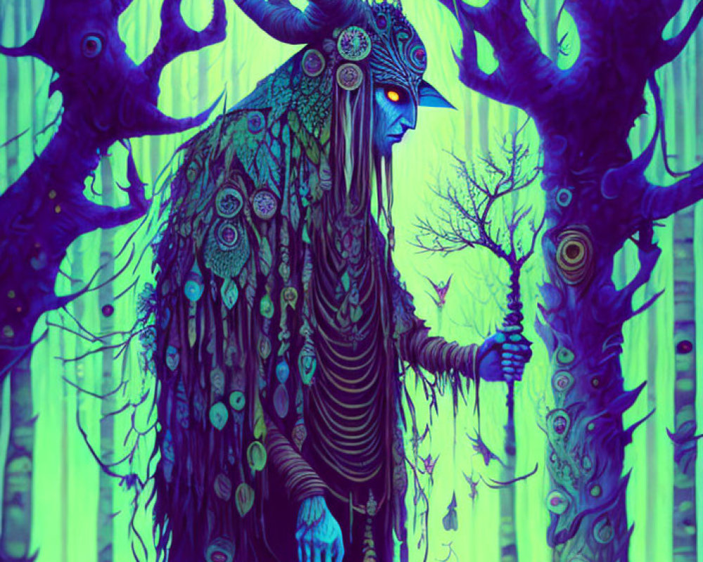Blue-skinned forest spirit with horn and lantern in mystical forest