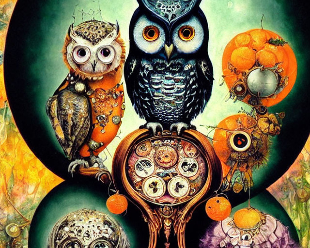 Colorful Owl Artwork with Celestial and Mechanical Details