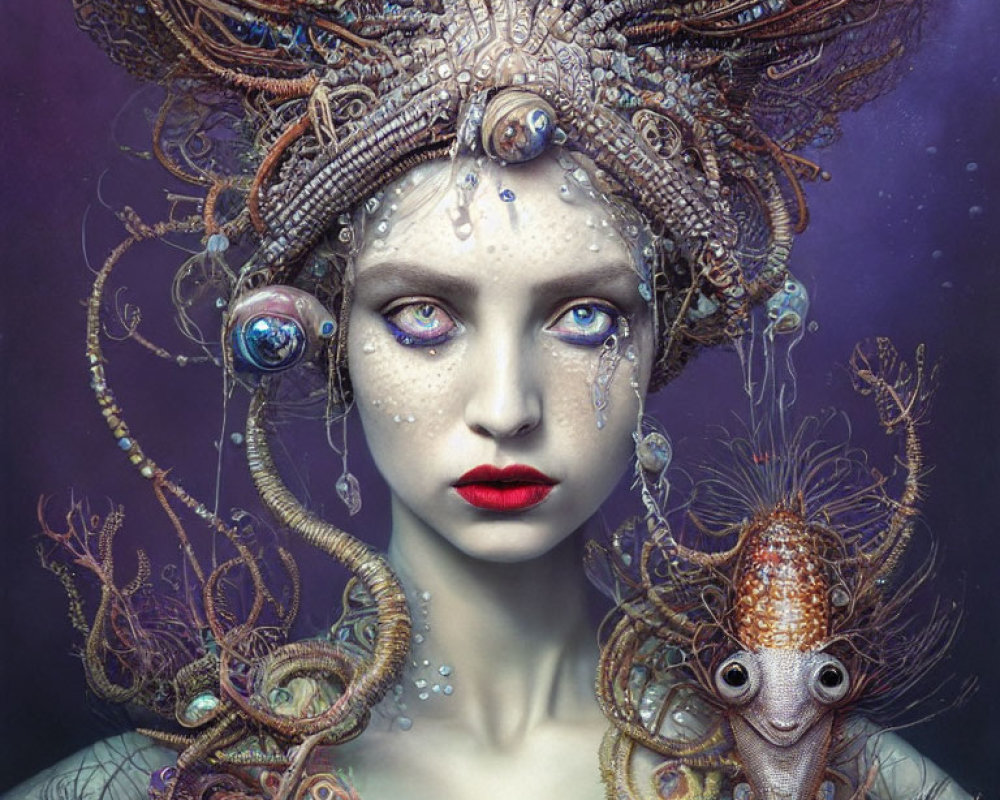 Surreal portrait of woman with intricate headdress and fantastical creature