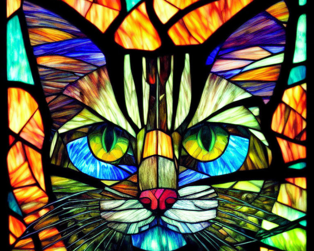 Colorful Stained Glass Cat Face Design with Blue Eyes