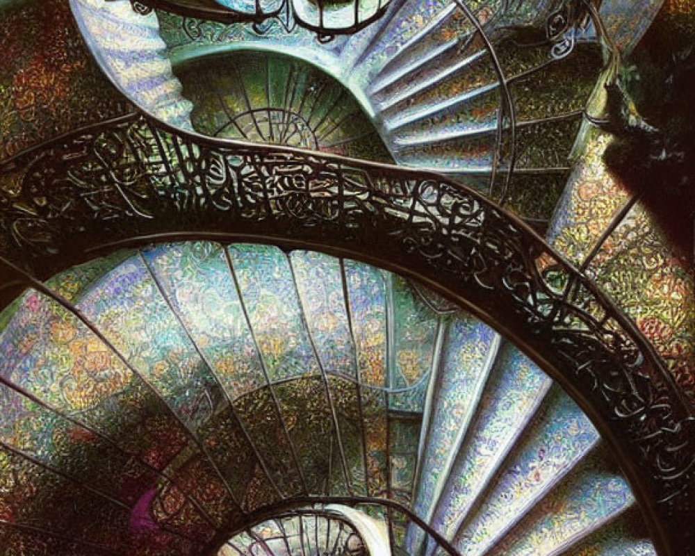 Intricate spiral staircase with wrought iron railings and stained glass floor pattern