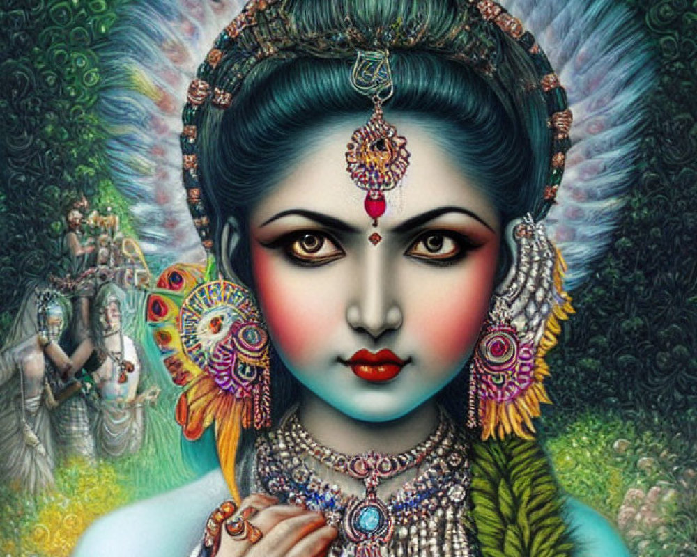 Vibrant deity with blue skin and peacock feathers, adorned with elaborate jewelry. Serene expression