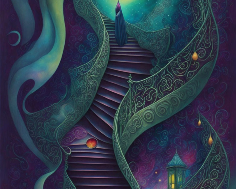 Illustration of person on spiraling staircase in starry setting.
