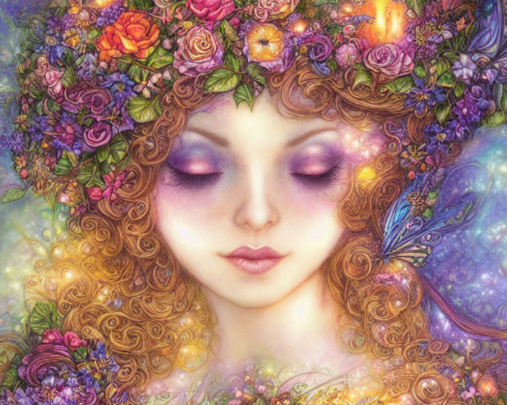 Illustration of woman with golden curly hair in floral wreath, cosmic background.