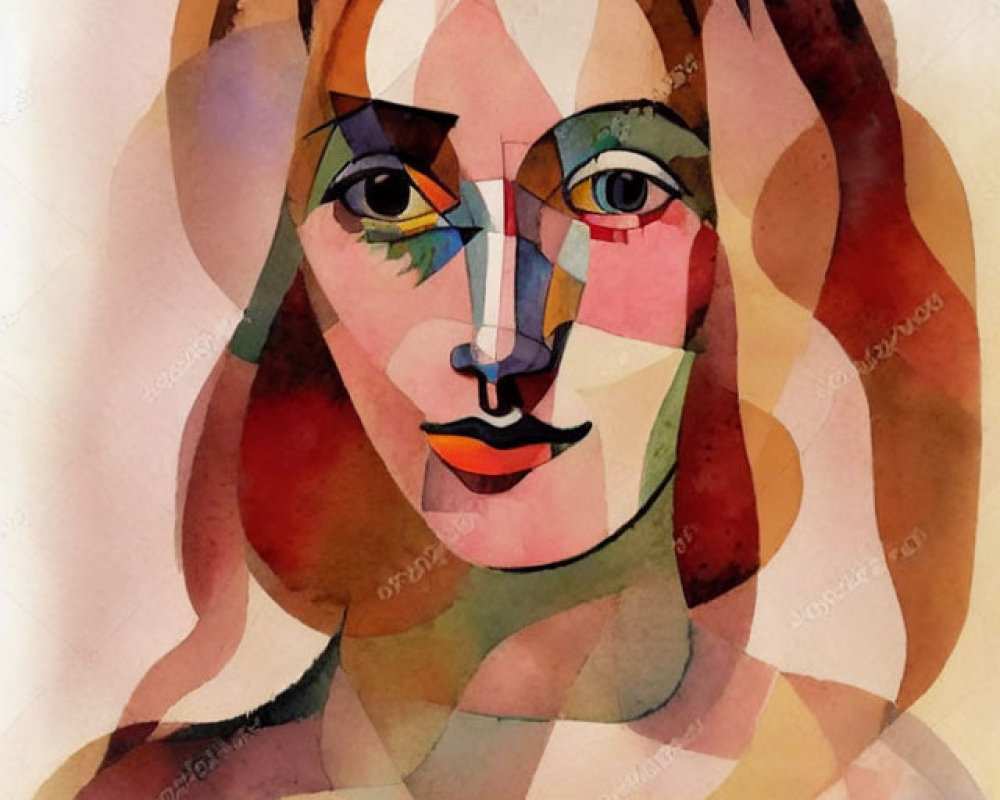 Abstract Watercolor Portrait: Colorful Woman with Cubist Influences