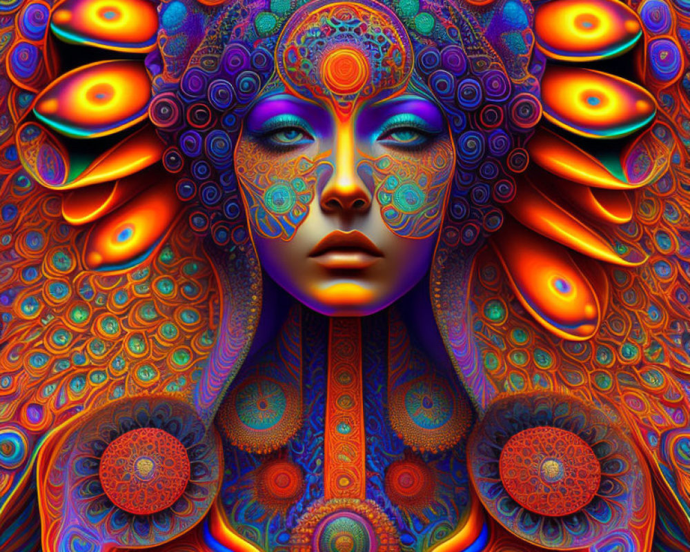Colorful digital artwork: Blue-skinned female face with mandala patterns on psychedelic background.