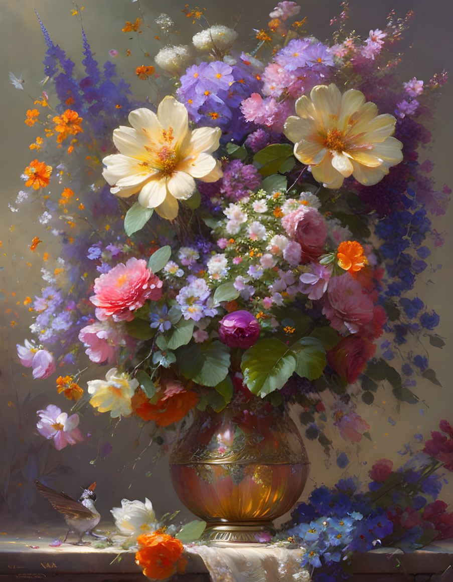 Vibrant bouquet of various flowers in golden vase with butterfly - oil painting
