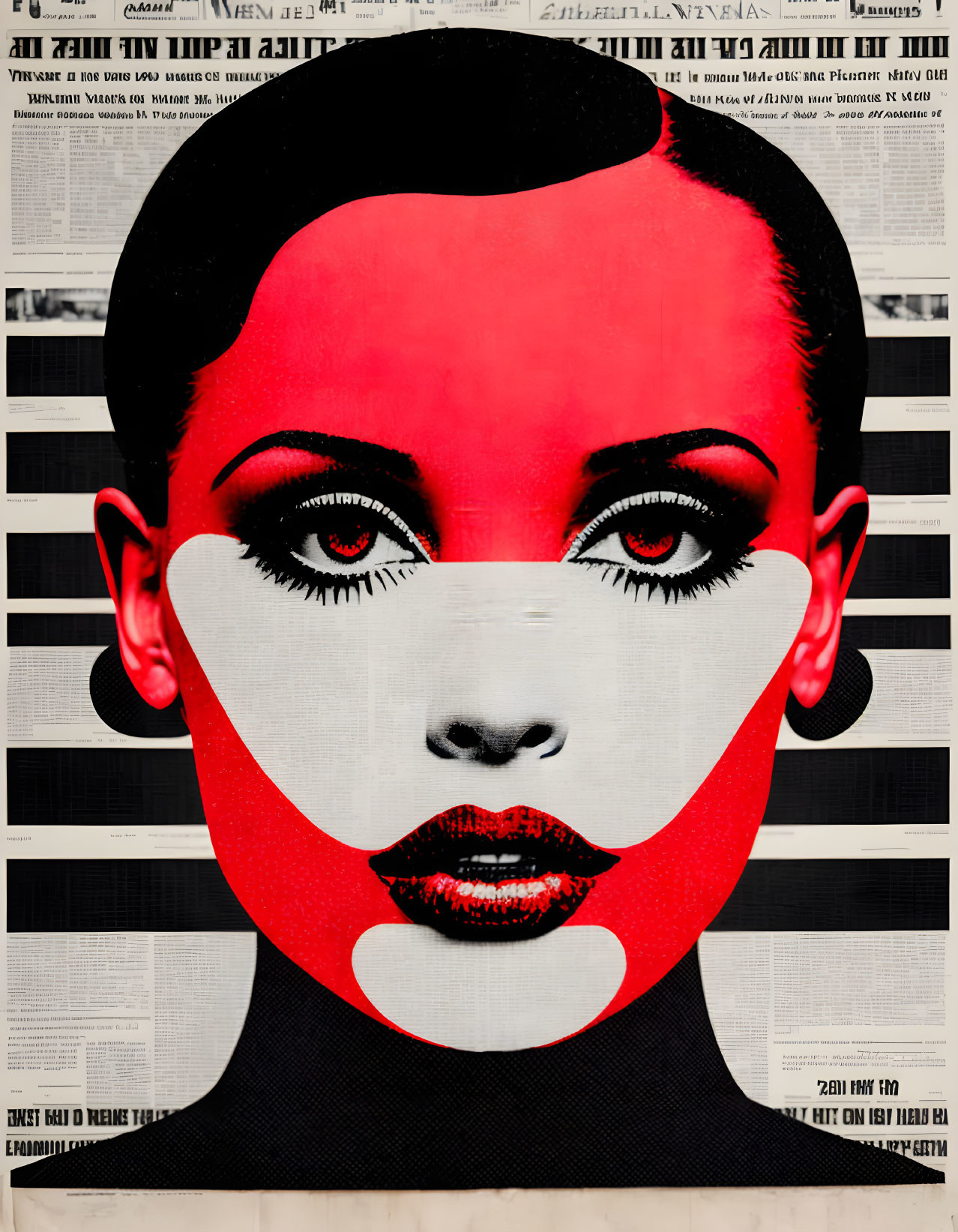 Stylized female face with red lips in black and white pop art style