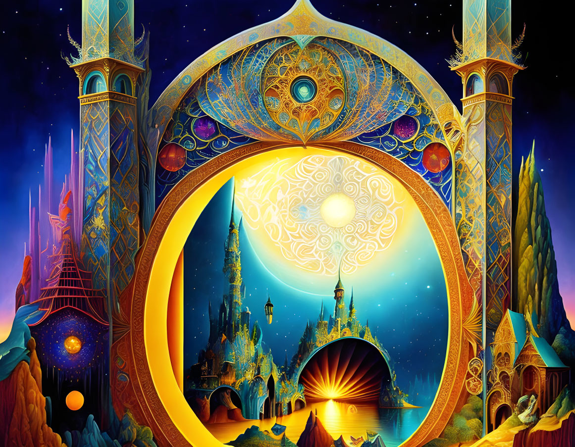 Fantasy image of ornate gate to magical kingdom with celestial towers and vivid colors