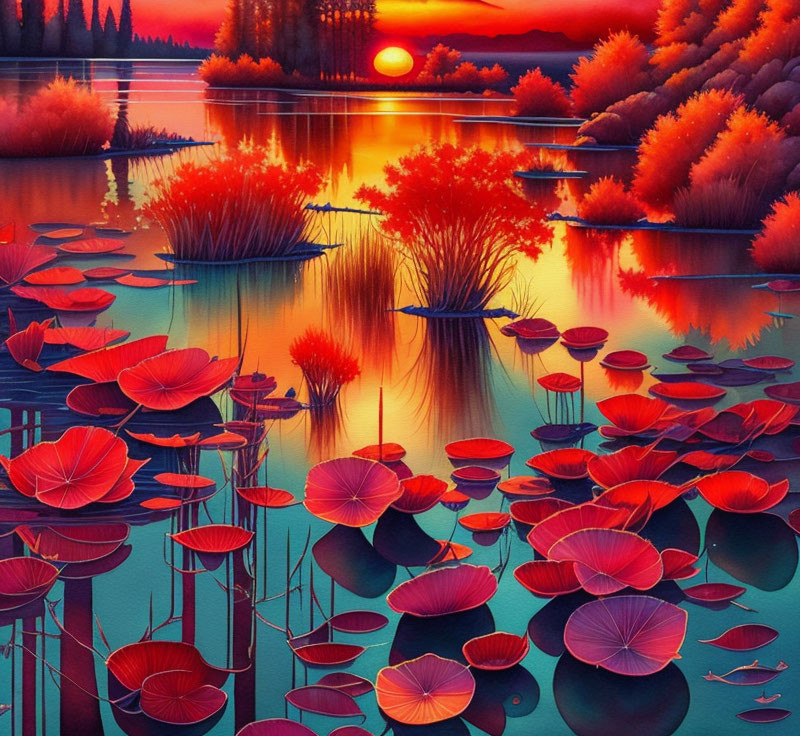 Colorful sunset artwork featuring red water lilies and lush foliage by a serene lake